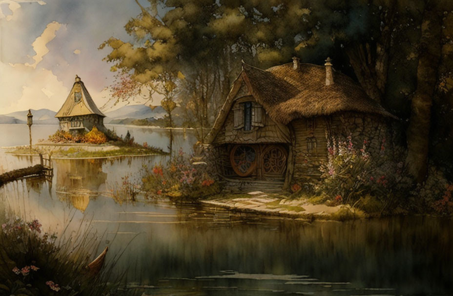 Quaint Thatched-Roof Cottages by Serene Lake