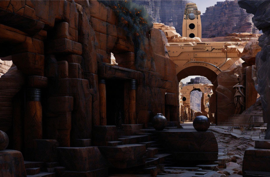 Rustic stone alley with metallic spheres and domed tower in hazy sky