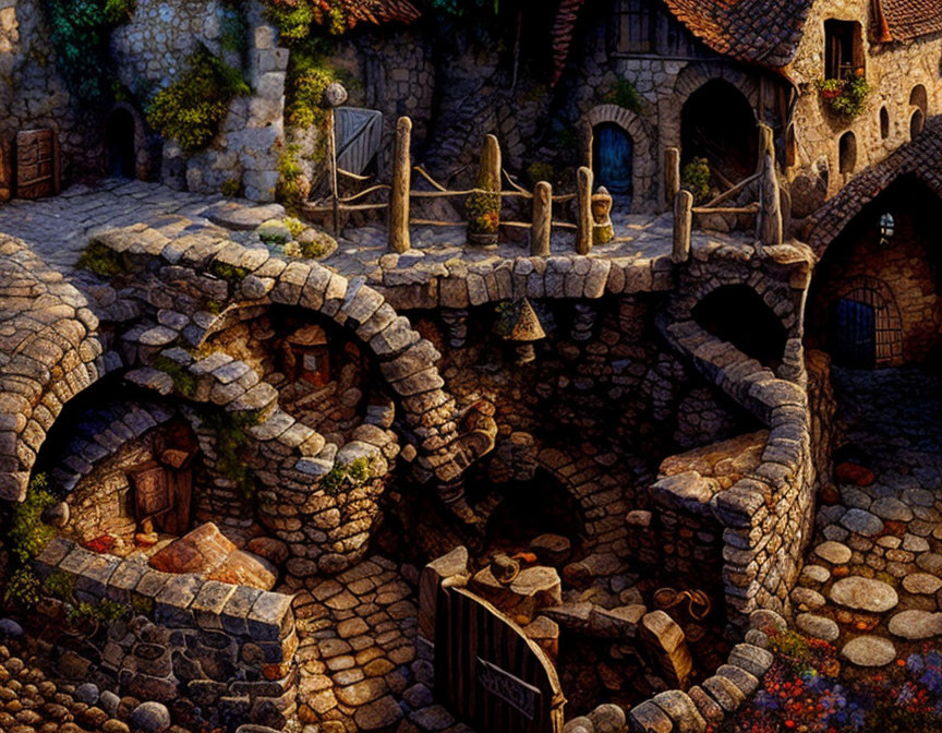 Detailed Stone Village with Multi-Level Walkways and Arched Doorways