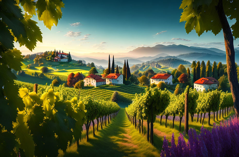 Scenic vineyards on rolling hills with houses and mountains at dawn/dusk