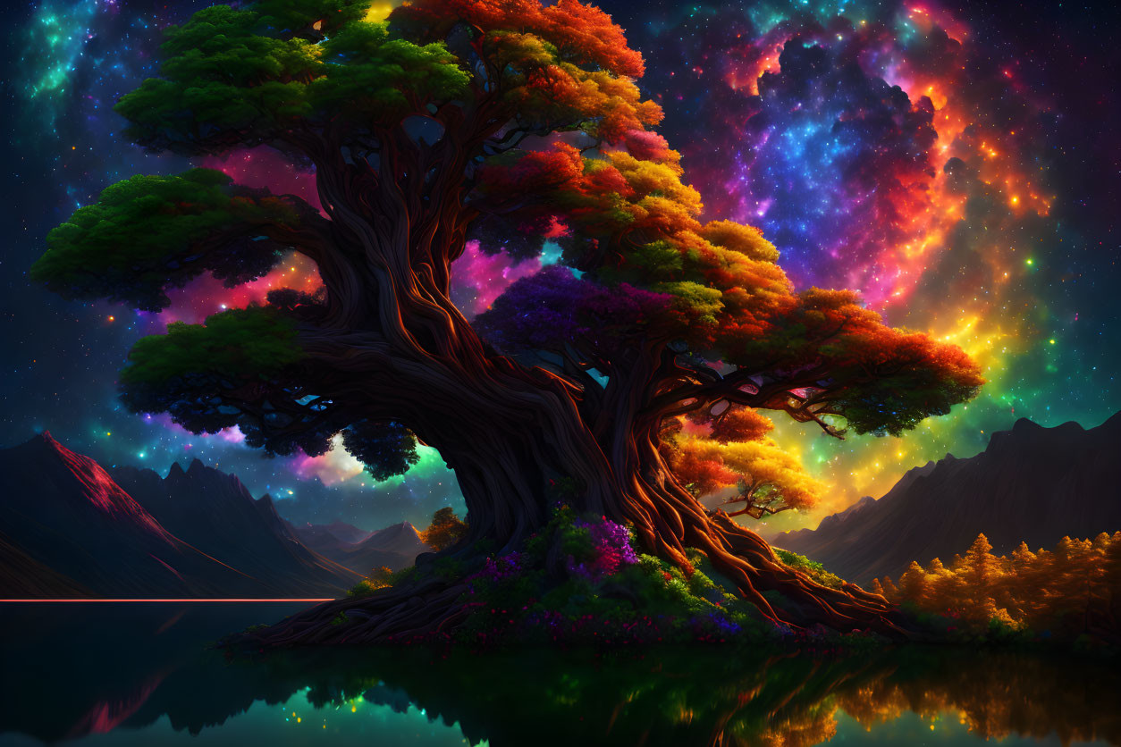 Vibrant foliage on ancient tree against cosmic sky and lake