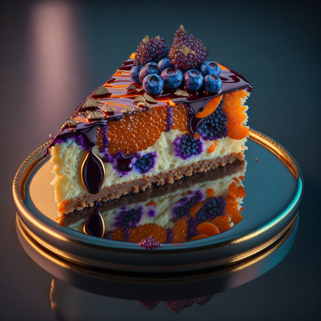 Fruit-topped cake with chocolate drizzle on glass plate