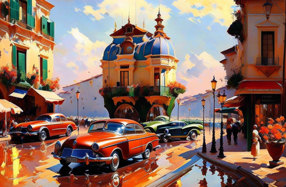 Colorful street scene with classic cars, vibrant buildings, and people near a reflective waterway