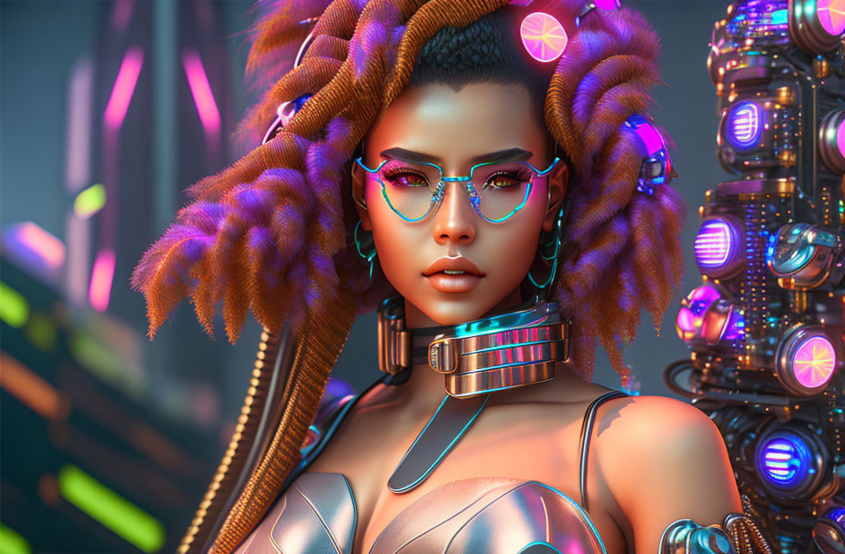 Futuristic woman with neon glasses and braided hair in advanced machinery setting