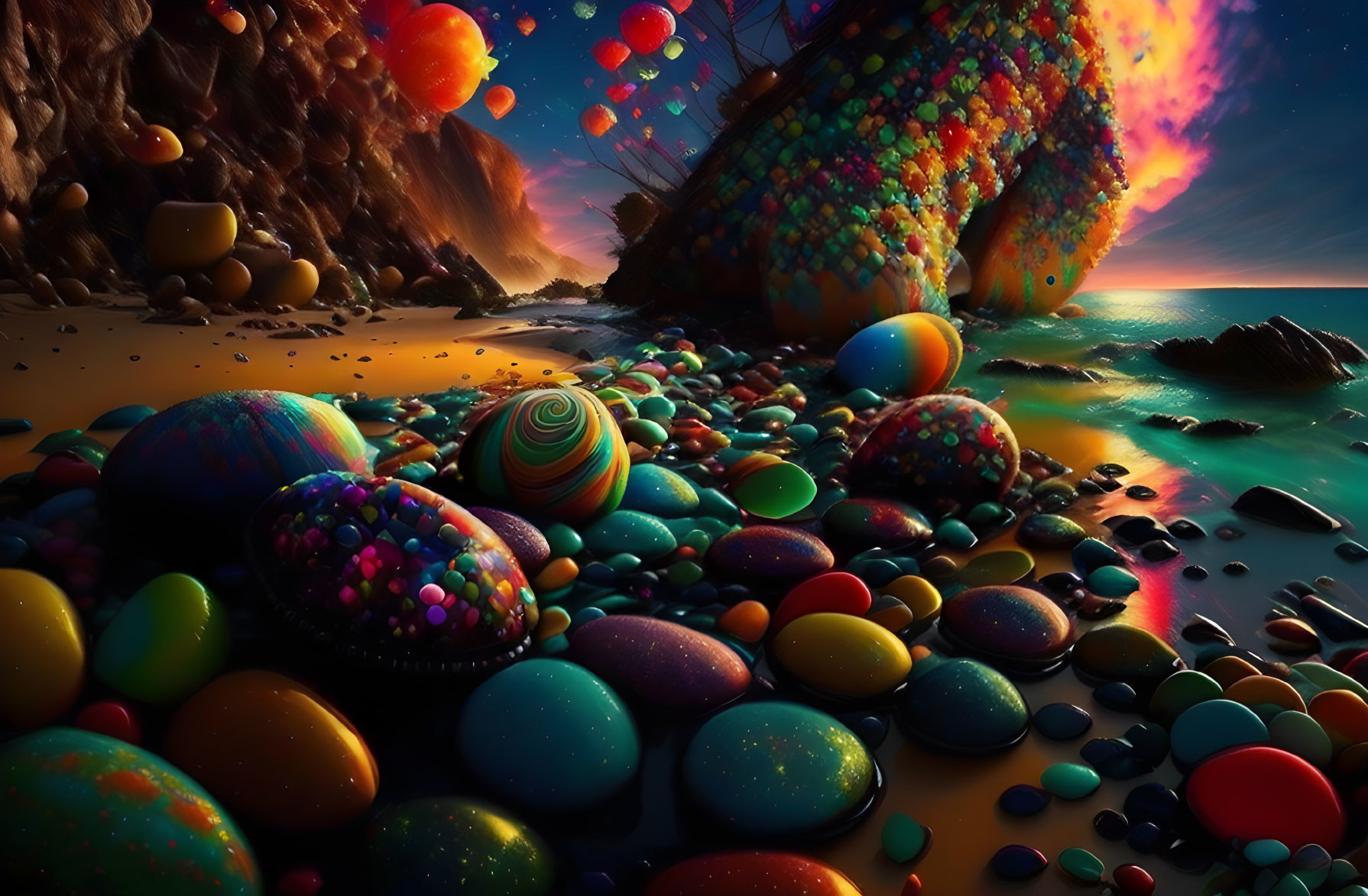 Colorful Dusk Beachscape with Patterned Eggs, Hot Air Balloons, and Lit Tree