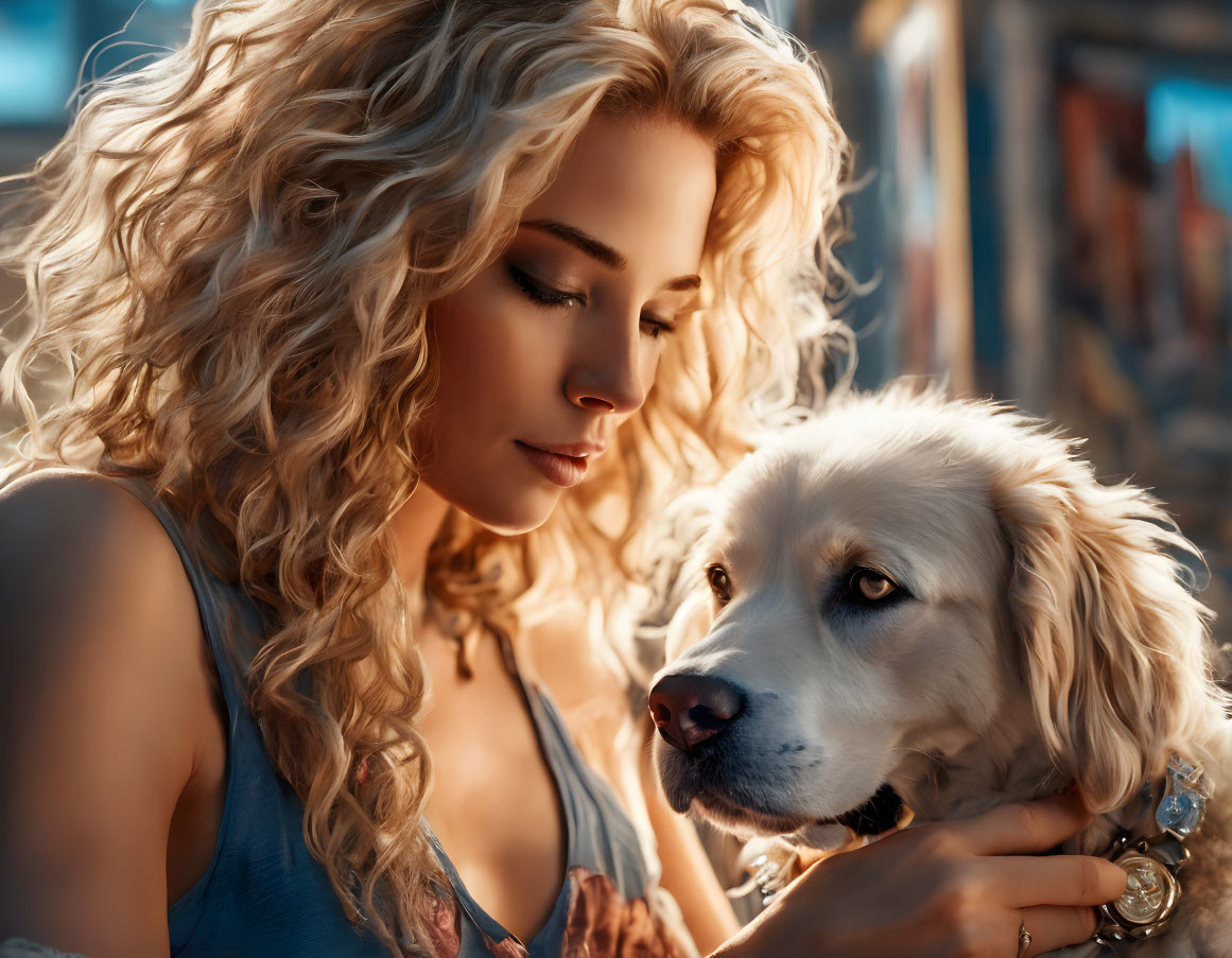 Blonde woman cuddling golden retriever in sunny scene