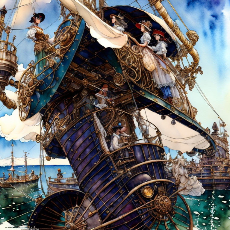 Detailed pirate ship illustration with characters and clear skies