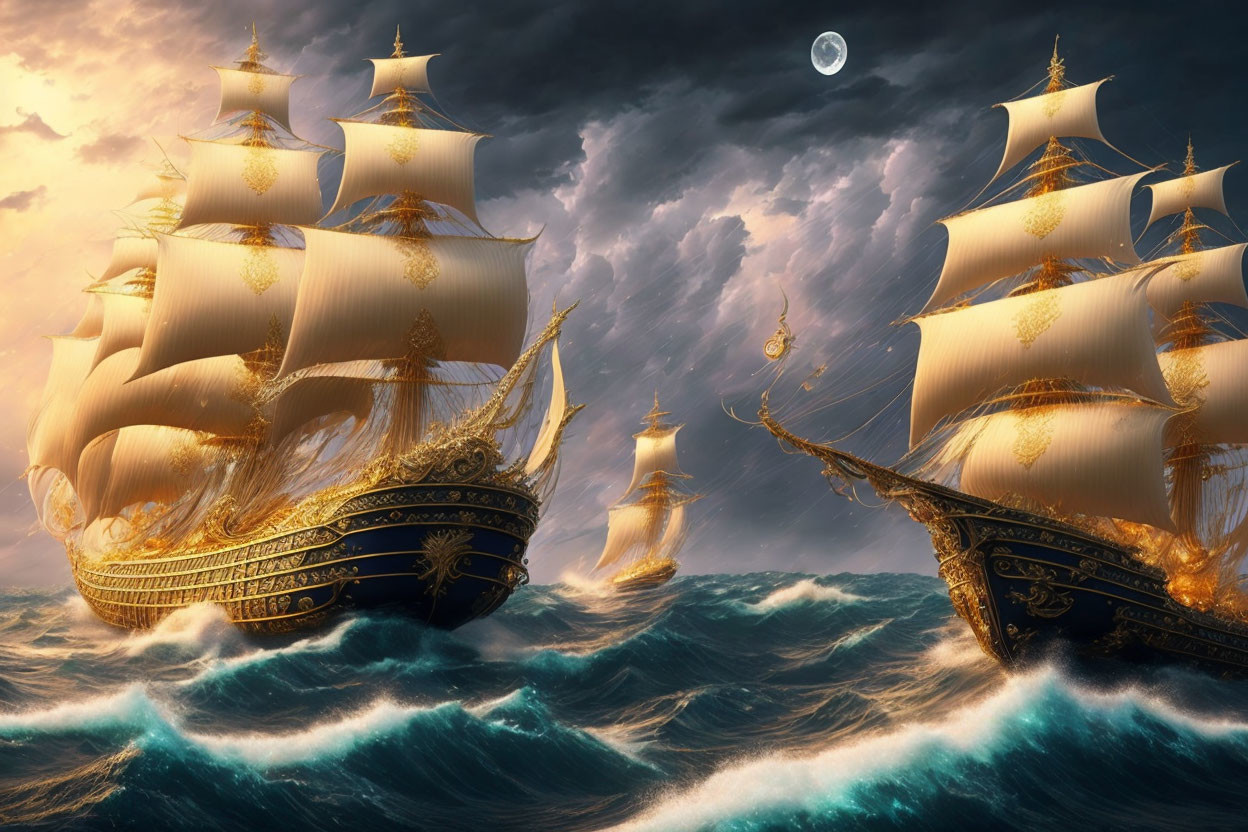 Three majestic sailing ships with ornate golden details on turbulent seas under a dramatic sky.