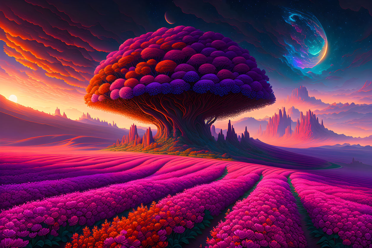 Surreal landscape with giant tree and pink flowers under starry sky