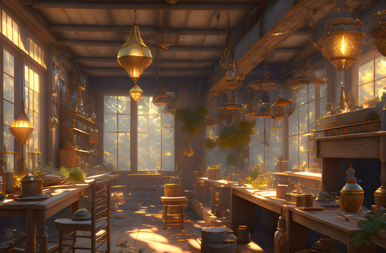 Sunlit room with golden lanterns, wooden furniture, plants, pottery shelves