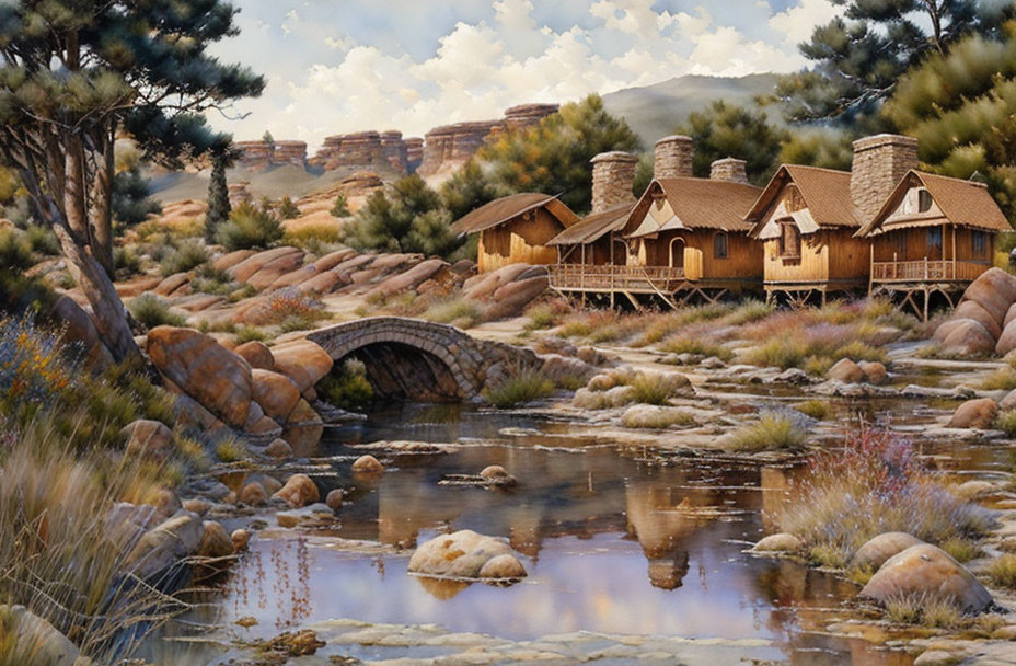 Rustic cottages by stream with stone bridge, pine trees, rocky terrain, plateaus,