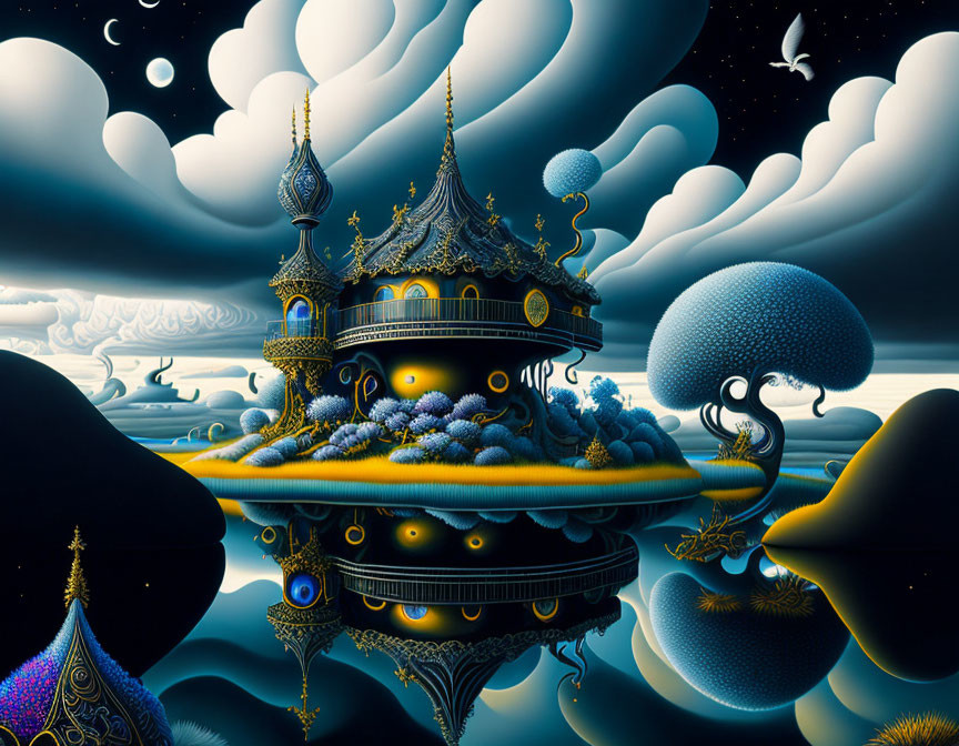 Ornate floating palace in surreal landscape with mirrored water and moonlit sky