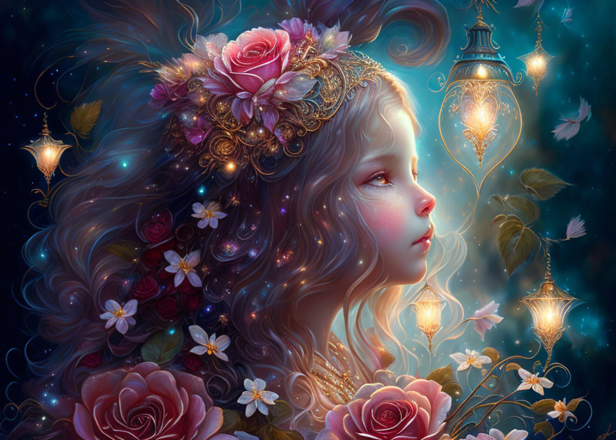 Fantasy illustration: Girl with flowers in hair, glowing lanterns, dreamy atmosphere