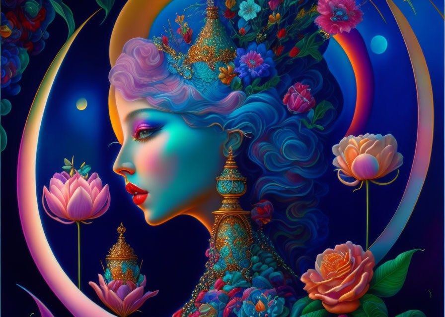 Digital artwork: Woman with blue skin, ornate headwear, flowers, crescent moon motif