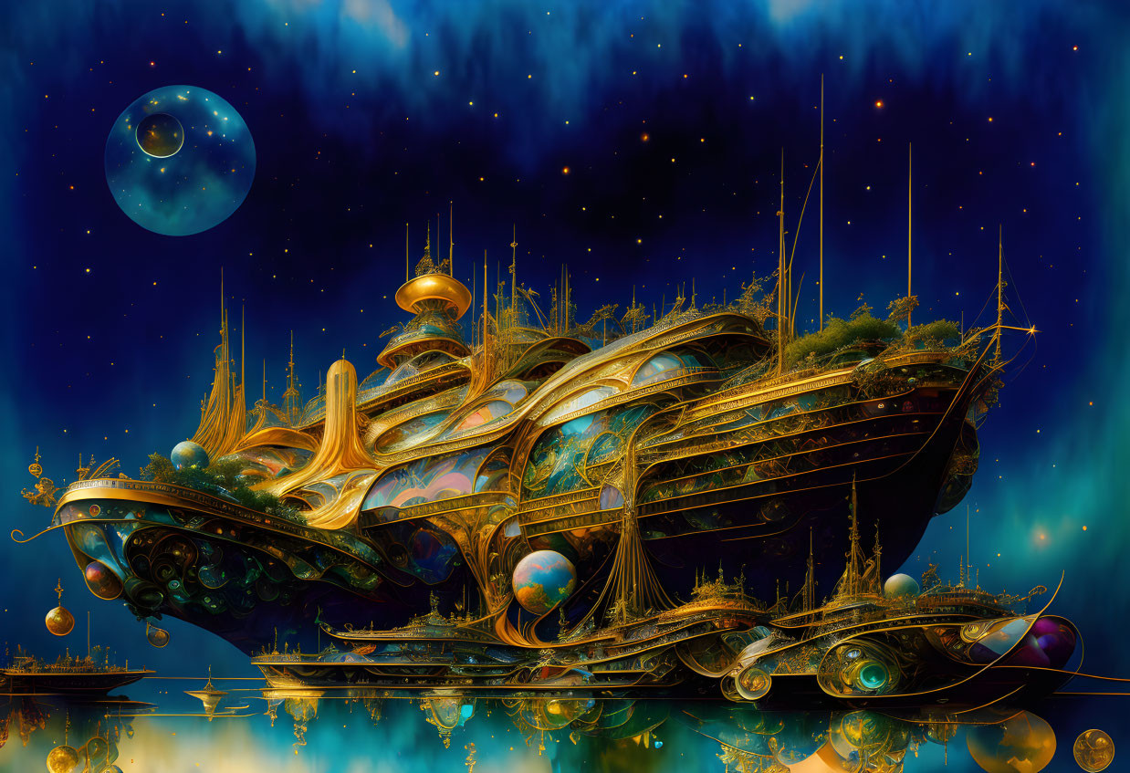 Ornate golden ship with greenery in cosmic sea