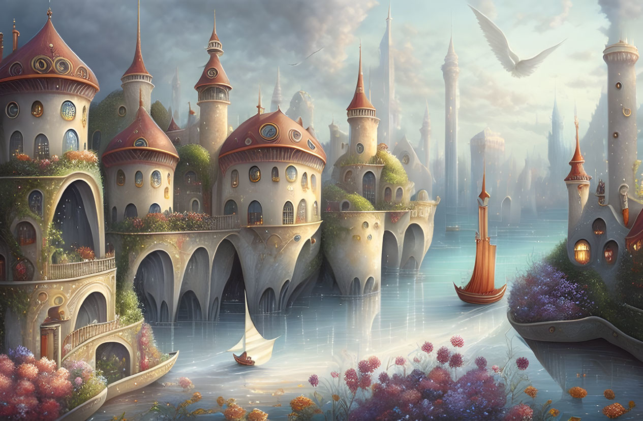 Fantasy landscape with castles, bridges, boats, and lush flora