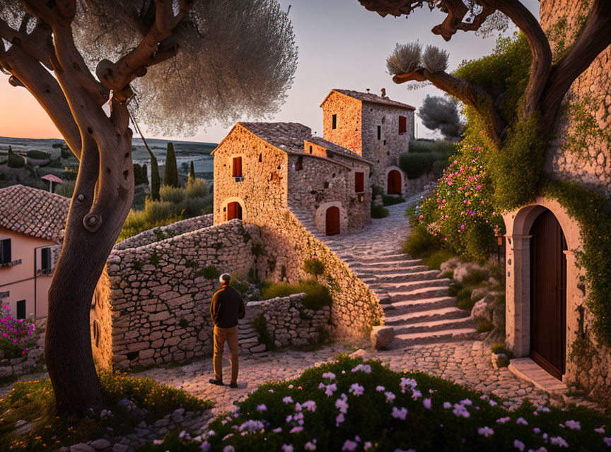 Person on Stone Path Admiring Rustic Houses at Sunset