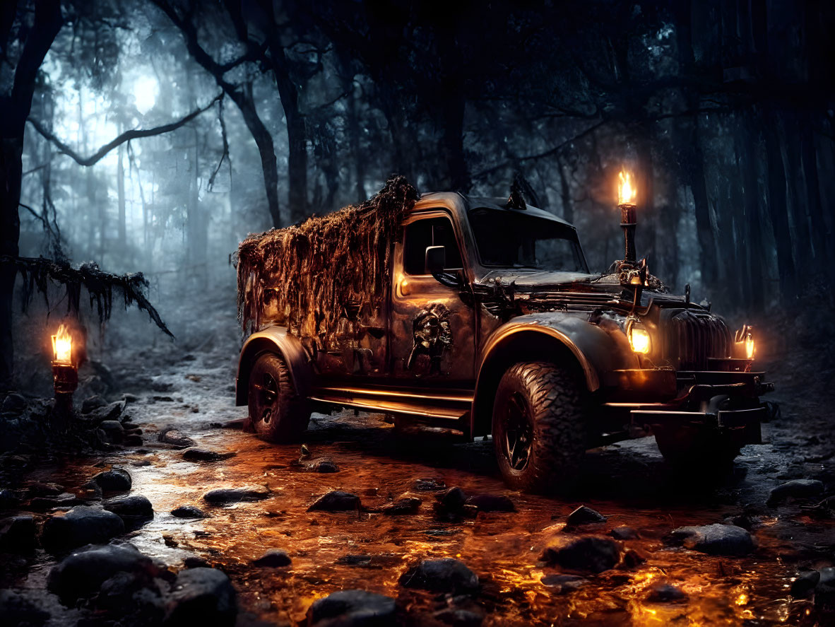 Vintage truck covered in moss and vines in misty forest at night