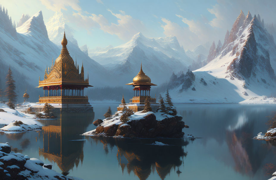 Fantasy landscape with golden temples on rocky islets and snow-covered mountains