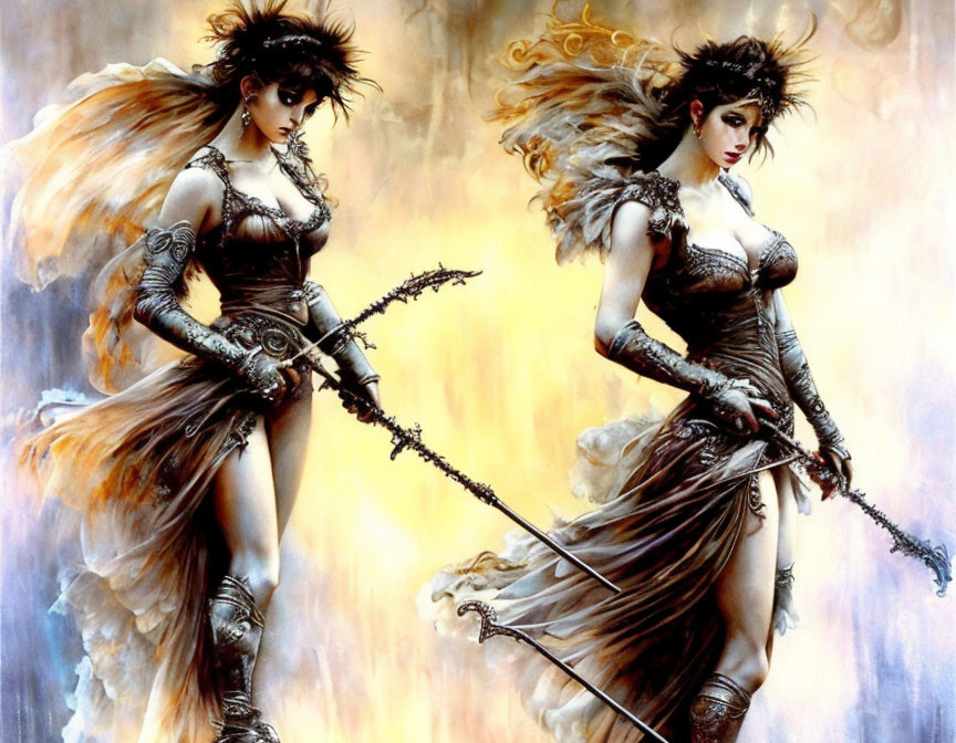 Fantasy female warriors with wings and spears in battle scene