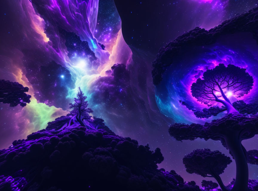 Majestic trees silhouetted against vibrant cosmic sky