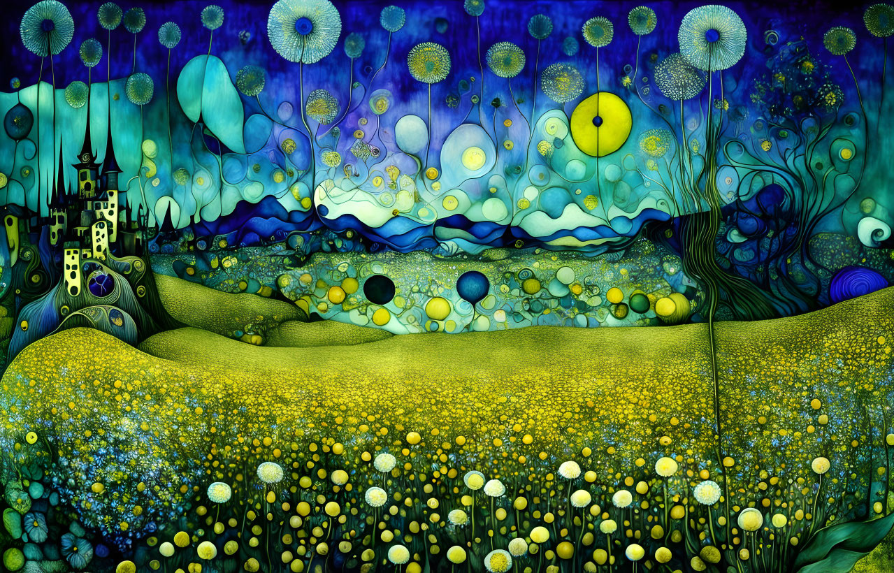 Whimsical landscape painting with yellow flowers, trees, night sky, and castle