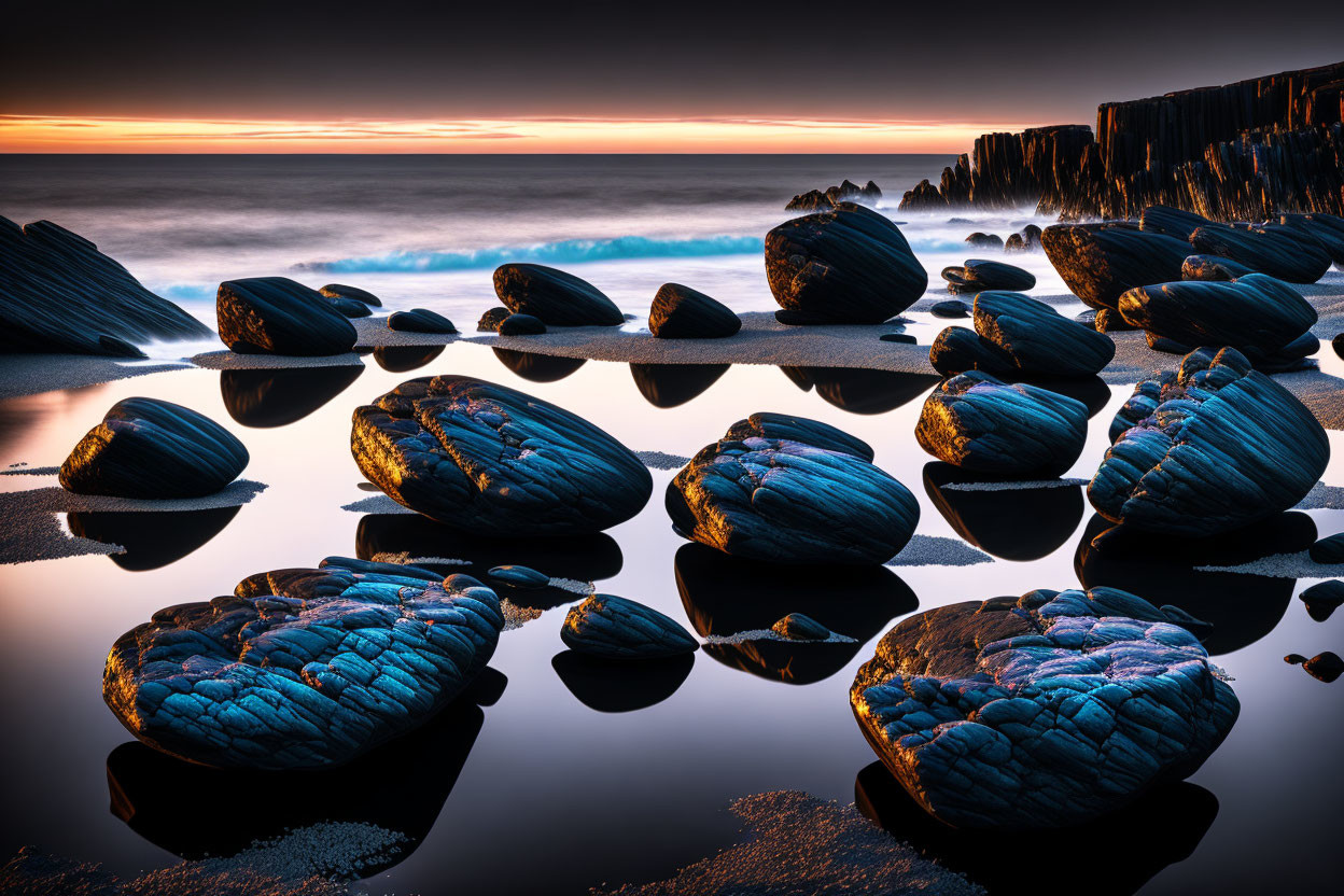 Rocky Shoreline Sunset with Dark Stones and Calm Sea