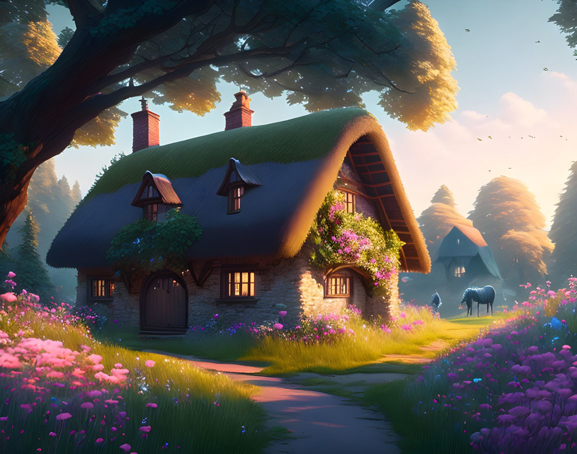 Thatched cottage with trees, flowers, and horses at sunset