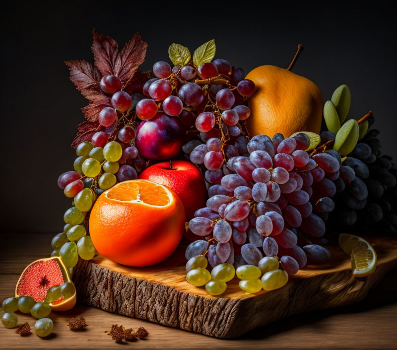 Assorted fruits still life on wooden board with dark background