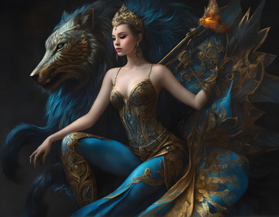 Woman in regal attire with majestic blue wolf in intricate golden patterns