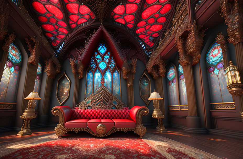 Luxurious Gothic-style room with red velvet sofa, stained glass windows, hanging lanterns, and pattern