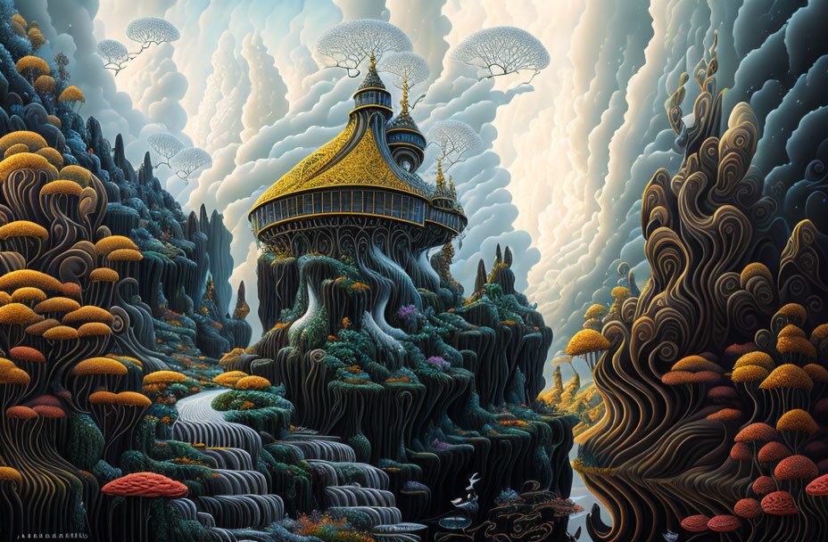 Pagoda-like structure in vibrant landscape with ethereal clouds