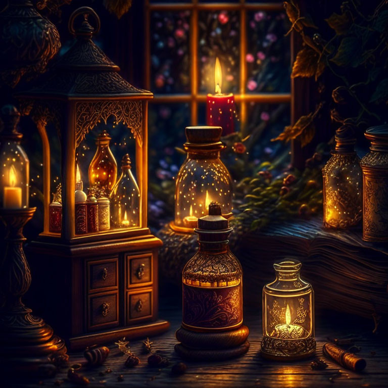 Night scene with lanterns, candles, and leaves on wooden surface