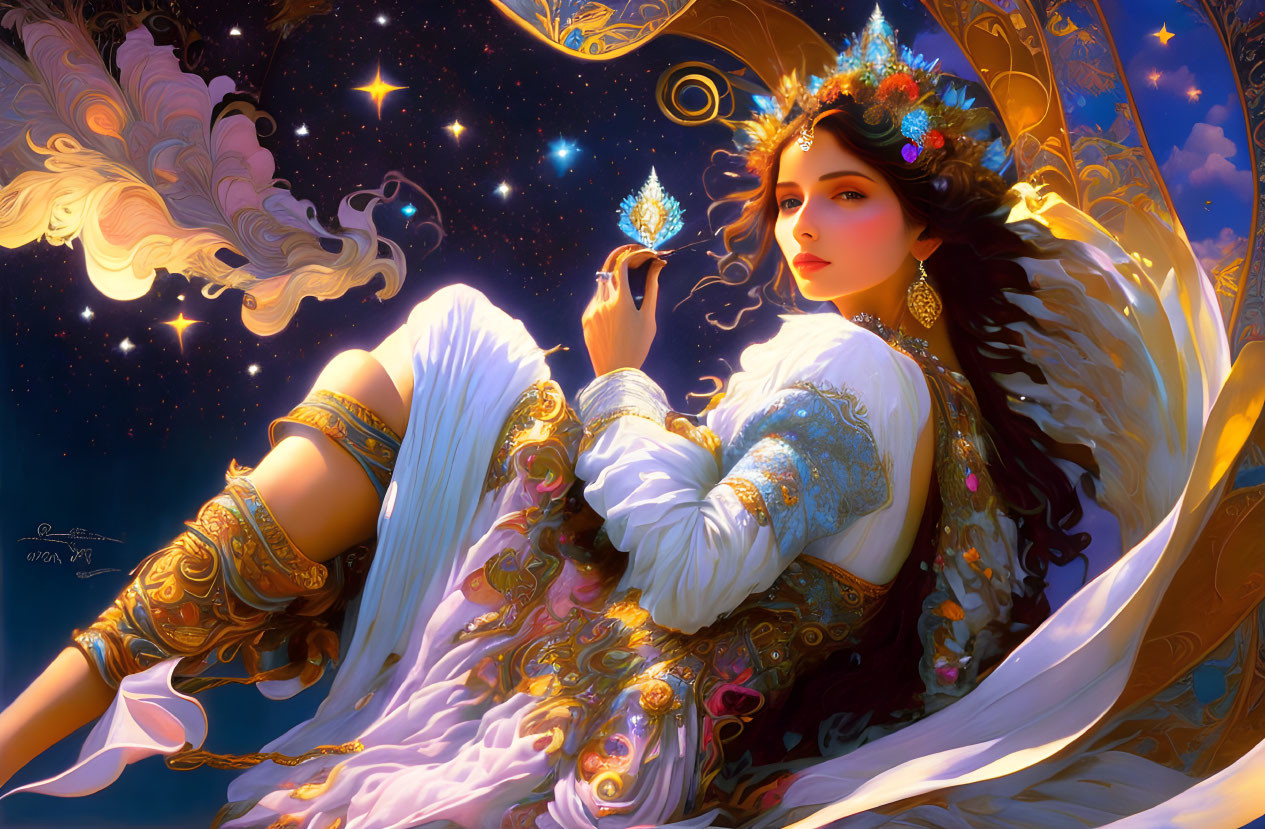 Regal woman in white and gold dress with glowing gem in celestial setting