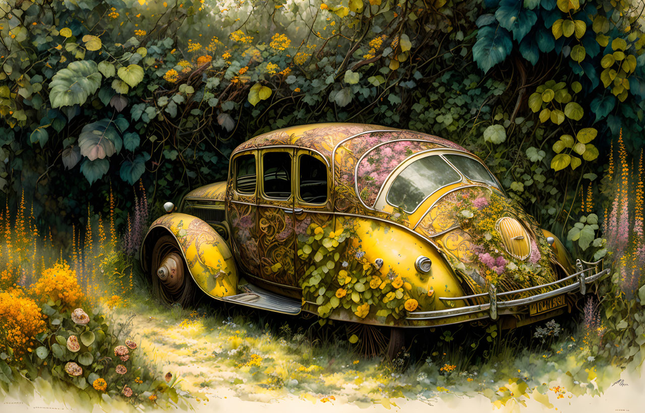 Vintage Volkswagen Beetle covered in vines and flowers in a whimsical garden