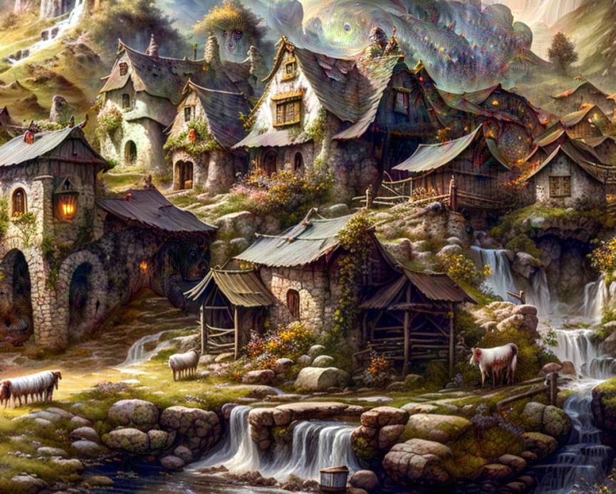 Village with waterfall in mountains