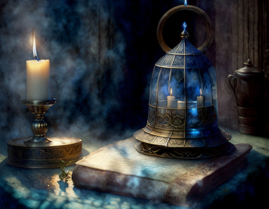 Ornate birdcage, candles, candlestick, old book on wooden surface in mystical blue