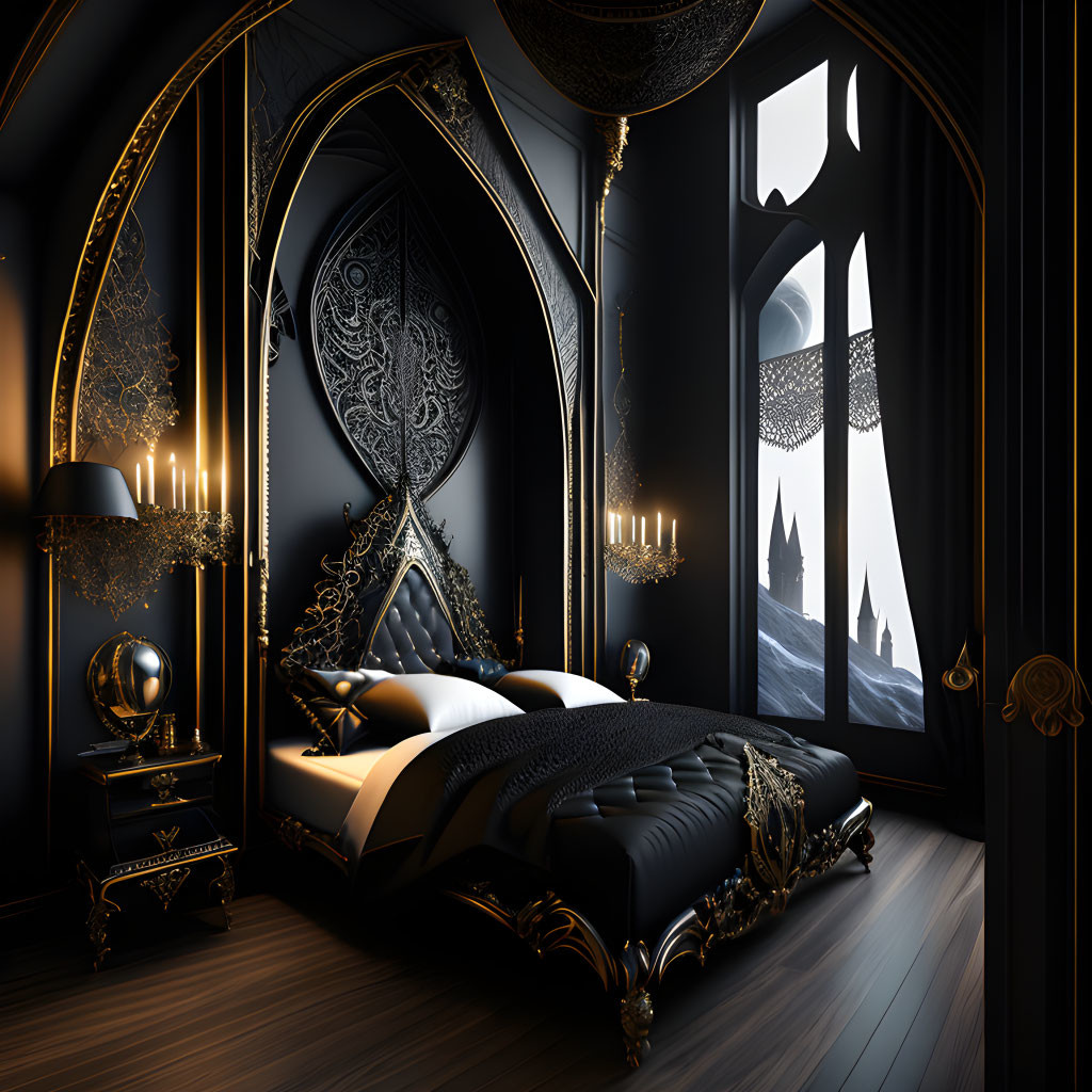 Opulent Gothic-style bedroom with black and gold color scheme, ornate bed, wall sconces