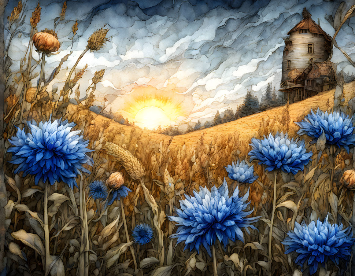 Rustic windmill in golden wheat field with blue flowers and dramatic sunset sky