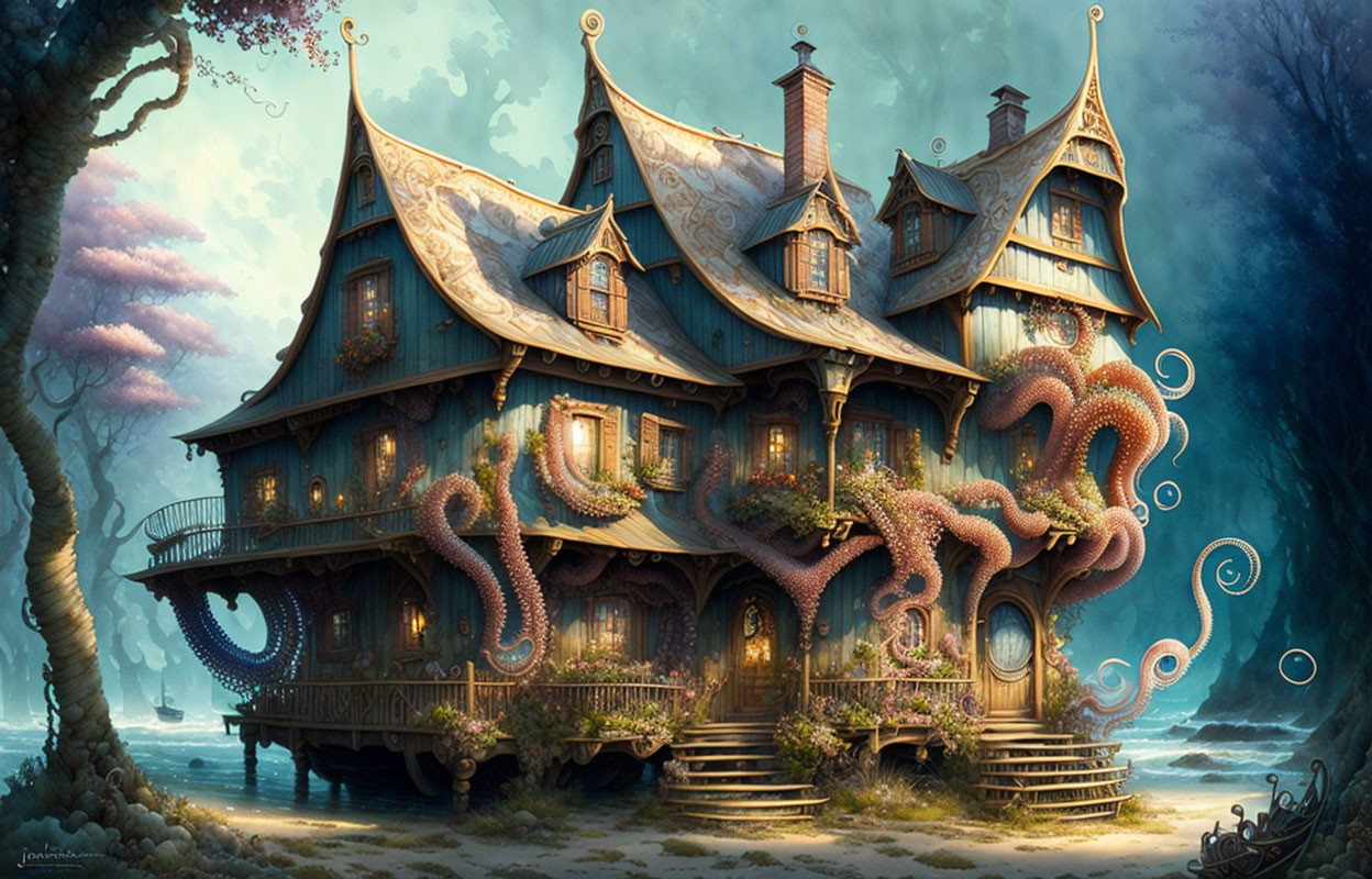 Ethereal forest fantasy house with octopus tentacles in misty ocean setting