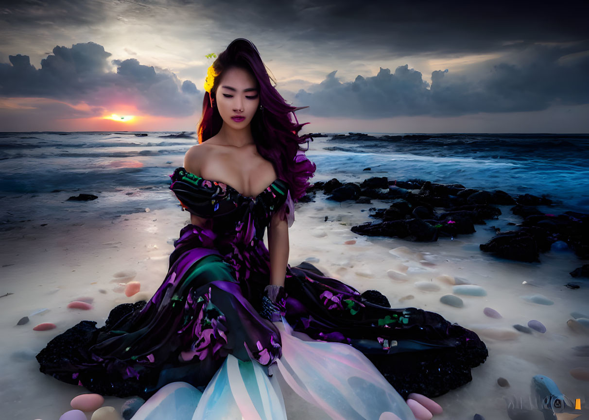 Woman in Purple Dress on Beach at Sunset with Dramatic Clouds