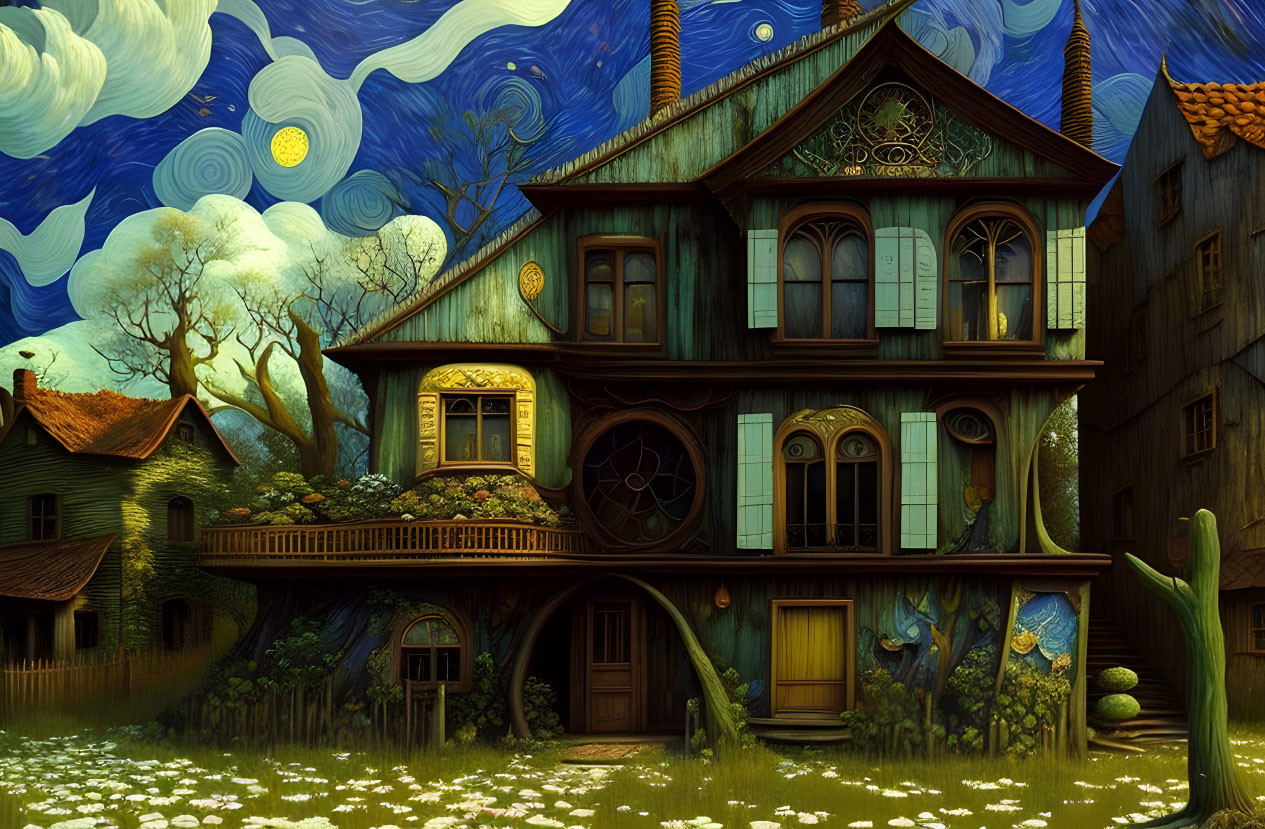 Whimsical house illustration in Van Gogh-style night sky