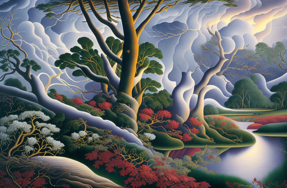 Surreal landscape painting: stylized trees, vibrant foliage, rolling hills, serene river, dramatic