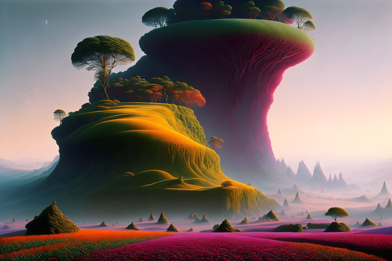 Surreal landscape with towering tree-like structures and crescent moon