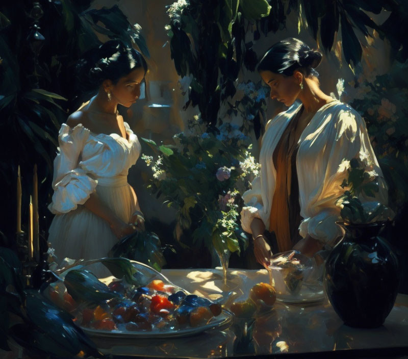 Vintage Attired Women by Table with Fruit Bowl and Flower Vase in Sunlight