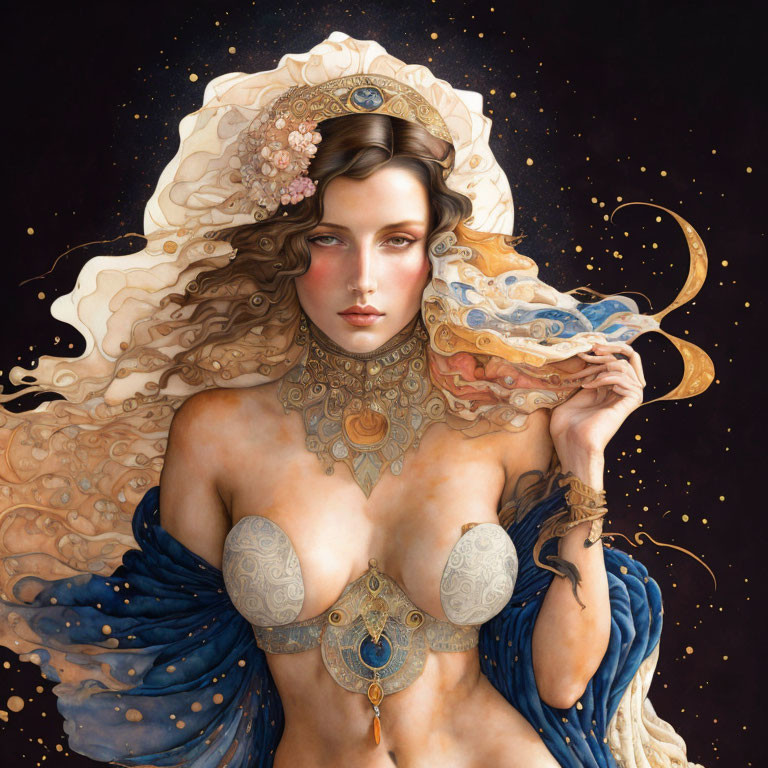 Ethereal woman with crescent moon and celestial ornaments