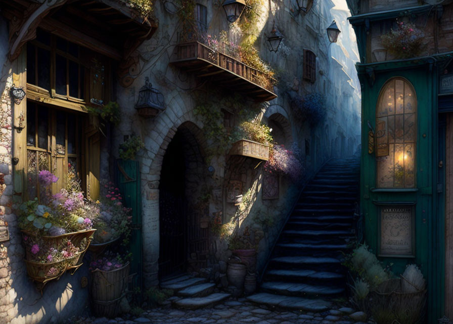 Old buildings and lantern-lit alleyway with hanging plants and cobblestones