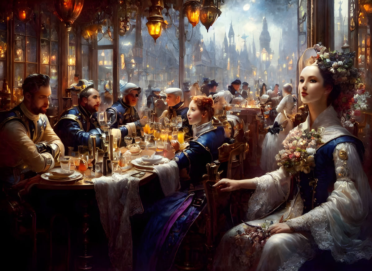 Opulent Victorian-era banquet scene with elegantly dressed guests