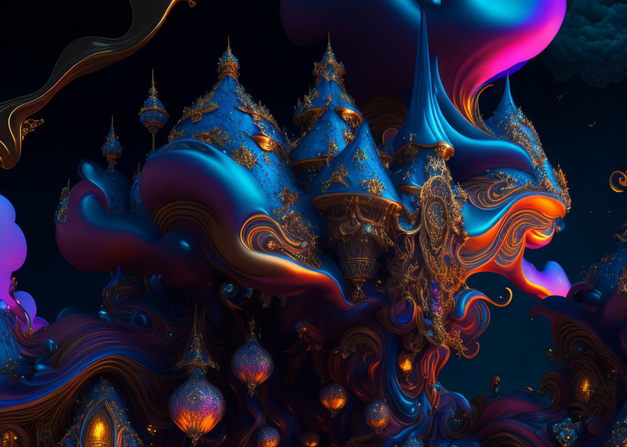 Intricate Blue and Gold Fractal Image of Fantastical Architecture