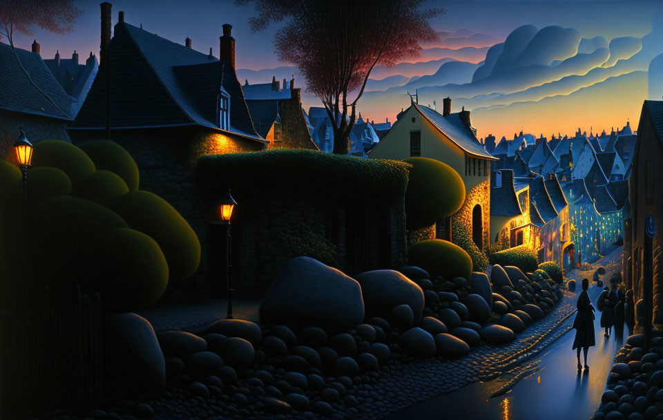 Cobblestone street at twilight with quaint houses and couple walking hand-in-hand